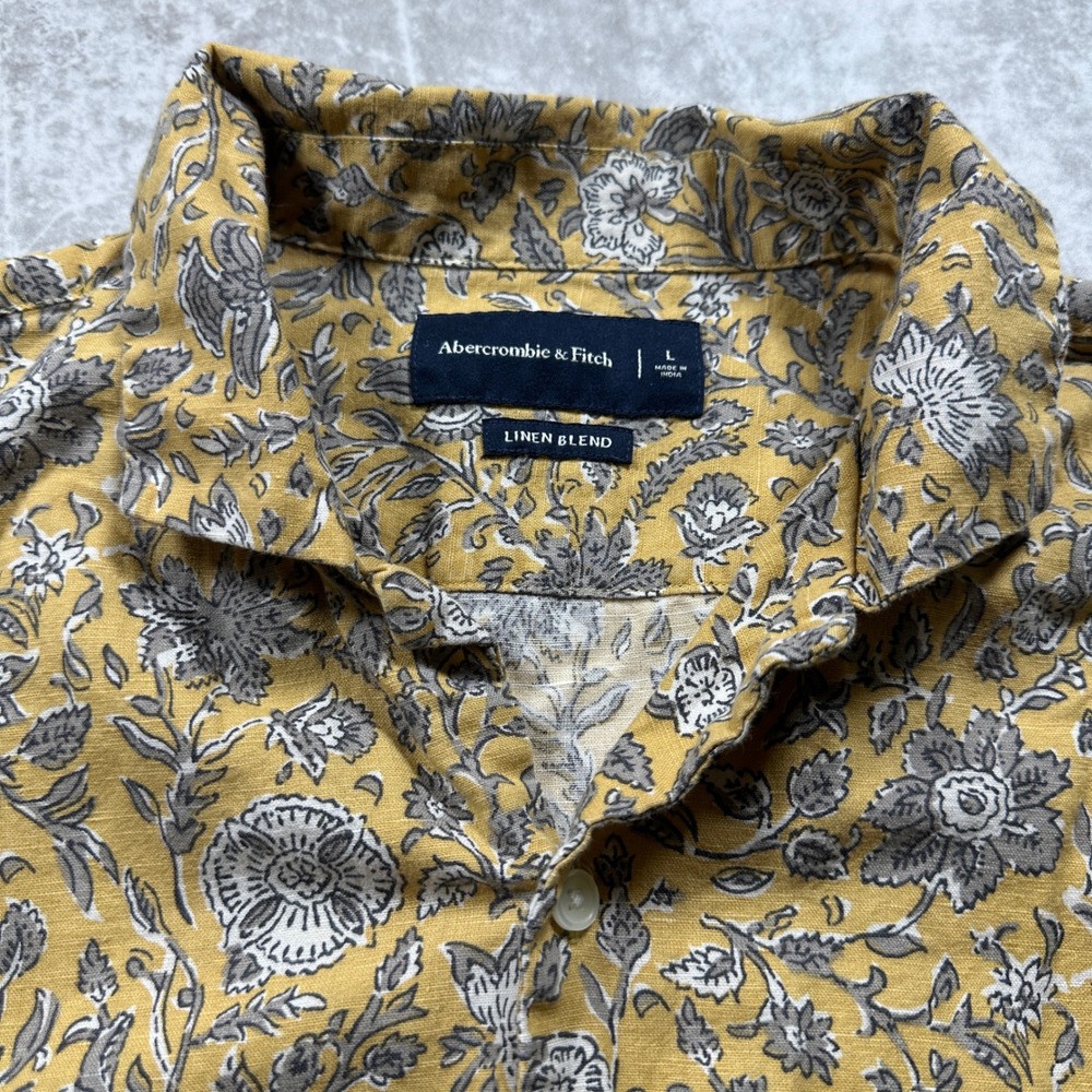 Abercrombie & Fitch Button Down Mens L Yellow Floral Linen Blend Short Sleeve - Picture 3 of 6